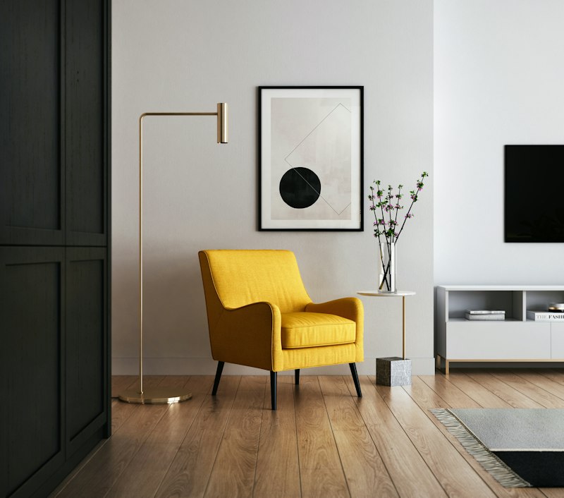 Ghế Armchair Bọc Vải Vàng Mù Tạt Chân Gỗ